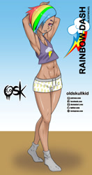 Size: 984x1860 | Tagged: safe, alternate version, artist:oldskullkid, part of a set, rainbow dash, human, g4, abs, arm behind head, armpits, belly button, clothes, dark skin, hair over one eye, humanized, looking at you, pajamas, piercing, skin, solo