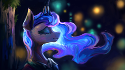 Size: 1920x1080 | Tagged: safe, artist:plainoasis, princess luna, alicorn, pony, g4, beautiful, blurry background, bust, crown, crying, digital art, ethereal mane, eyes closed, female, flowing mane, jewelry, mare, painting, portrait, profile, regalia, side view, smiling, solo, teary eyes