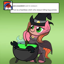 Size: 803x800 | Tagged: safe, artist:wadusher0, oc, oc only, oc:pun, changeling, pony, ask pun, ask, cauldron, hat, solo, witch hat