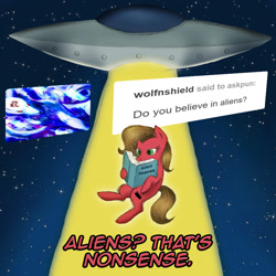 Size: 850x850 | Tagged: safe, artist:ariah101, oc, oc only, oc:pun, alien, earth pony, pony, ask pun, abduction, alien abduction, ask, failed a spot check, solo, space, ufo