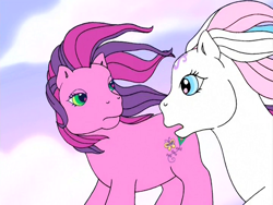 Size: 720x540 | Tagged: safe, screencap, skywishes, star catcher, earth pony, pegasus, pony, dancing in the clouds, g3, female, looking at each other, mare, open mouth, windswept mane
