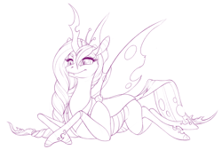 Size: 4096x2765 | Tagged: safe, artist:silkensaddle, changeling, changeling queen, female, monochrome, simple background, sketch, solo, white background