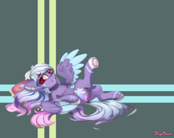 Size: 4096x3252 | Tagged: safe, artist:twinkling, oc, oc only, oc:twinkling, pegasus, pony, abstract background, belly button, butt blush, chest fluff, colored ear fluff, colored ear tufts, colored hooves, colored pupils, colored underhoof, colored wings, ear fluff, ear tufts, eyebrows, eyebrows visible through hair, facial markings, female, gradient mane, gradient tail, heart eyes, hooves behind head, looking at you, lying down, mare, on back, pillow, red eyes, smiling, smiling at you, spread wings, tail, two toned wings, wingding eyes, wings