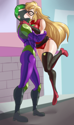 Size: 1209x2048 | Tagged: safe, artist:thebrokencog, applejack, mistress marevelous, spike, human, g4, power ponies (episode), applebutt, breasts, busty applejack, butt, clothes, costume, duo, eyes closed, female, humanized, humdrum costume, kiss on the lips, kissing, male, power ponies, ship:applespike, shipping, straight, superhero