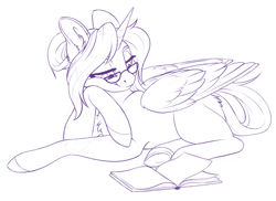 Size: 2966x2163 | Tagged: safe, artist:silkensaddle, alicorn, pony, book, glasses, high res, simple background, sketch, solo, white background