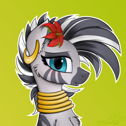 Size: 4000x4000 | Tagged: safe, artist:ser-p, zecora, pony, zebra, g4, absurd resolution, bust, chest fluff, ear fluff, female, flower, flower in hair, green background, looking at you, portrait, profile, side view, simple background, solo