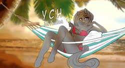 Size: 1976x1080 | Tagged: safe, artist:jerraldina, anthro, absolute cleavage, beach, bikini, breasts, cleavage, clothes, commission, female, hammock, palm tree, solo, summer, swimsuit, tree, your character here