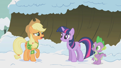 Size: 1280x720 | Tagged: safe, screencap, applejack, spike, twilight sparkle, earth pony, pony, unicorn, g4, my little pony: friendship is magic, winter wrap up, female, mare, unicorn twilight