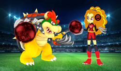 Size: 1824x1074 | Tagged: safe, artist:cookiechans2, artist:super-nick-2001, artist:vg805smashbros, adagio dazzle, human, koopa, equestria girls, g4, ball, barely eqg related, base used, bowser, claws, clothes, crossover, female, football, lights, male, mario strikers, mario strikers charged, nintendo, sidekick, soccer field, soccer shoes, socks, sports, sports outfit, super mario bros., super mario strikers
