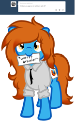 Size: 855x1377 | Tagged: safe, artist:furrgroup, oc, oc:firefox, oc:internet explorer, pony, ask internet explorer, browser ponies, clothes, cosplay, costume, internet explorer, mouth hold, shirt, solo