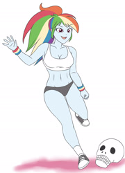 Size: 1993x2773 | Tagged: safe, artist:sumin6301, rainbow dash, equestria girls, g4, belly button, breasts, busty rainbow dash, clothes, converse, kicking, open mouth, shoes, skull, sports bra, sports panties