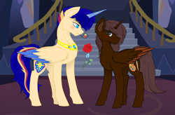 Size: 1610x1056 | Tagged: safe, artist:lightningarrow, oc, oc only, oc:chebypattern, oc:ligtninarrow, alicorn, pony, alicorn oc, blushing, flower, gay, horn, male, rose, royalty, shipping, wings