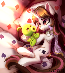 Size: 3600x4000 | Tagged: safe, artist:twinkling, oc, oc only, pony, unicorn, bed, blushing, collar, cute, cutie mark, eyebrows, eyelashes, heart eyes, horn, peashooter, plant, plants vs zombies, text, watermark, wingding eyes
