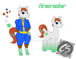 Size: 1024x792 | Tagged: safe, artist:adhiguna, artist:johnathon-matthews, oc, oc:firecrackerfoe, pony, unicorn, anthro, anthro ponidox, clothes, commission, deviantart watermark, jumpsuit, obtrusive watermark, reference sheet, simple background, stable-tec, transparent background, vault suit, watermark