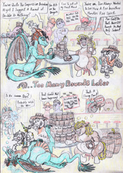 Size: 2064x2904 | Tagged: safe, artist:grimmyweirdy, oc, oc:corro, oc:grim w. stripes, oc:mivera, dragon, pony, zebra, comic:grims weird adventures, alcohol, barrel, belly, big belly, chubby, comic, doctor, drinking contest, drunk, fat, high res, laughing, mug, needle, reddened eyes, story included, table, tavern, zebra oc