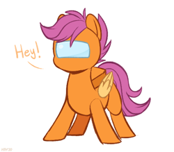 Size: 490x430 | Tagged: safe, artist:higglytownhero, scootaloo, pegasus, pony, g4, among us, crewmate, crossover, female, filly, helmet, simple background, solo, spacesuit, video game crossover, white background