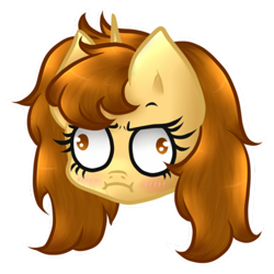 Size: 500x500 | Tagged: safe, artist:avelineh, oc, oc only, oc:creamy coffee, pony, :i, blushing, derp, female, grumpy, head only, i mean i see, me gusta, simple background, solo, transparent, transparent background