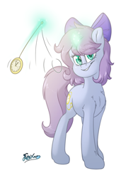 Size: 1500x2000 | Tagged: safe, artist:fluffyxai, oc, oc only, oc:swirly daze, pony, hypnosis, looking at you, pocket watch, simple background, smiling, smirk, solo, white background