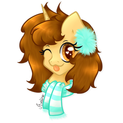 Size: 750x750 | Tagged: safe, artist:avelineh, oc, oc only, oc:creamy coffee, pony, bust, clothes, earmuffs, female, one eye closed, scarf, simple background, solo, tongue out, transparent background, wink