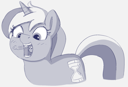 Size: 1323x907 | Tagged: safe, artist:heretichesh, minuette, pony, unicorn, g4, blushing, brushing teeth, duo, micro, monochrome, open mouth, sketch, smiling, solo focus, teeth, tiny, tiny ponies, tongue out, toothbrush, vore