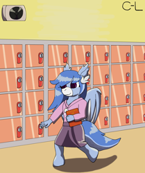 Size: 2480x2971 | Tagged: safe, artist:cyborglucario, oc, oc only, oc:river tailwind, bat pony, anthro, unguligrade anthro, bat pony oc, bat wings, book, clothes, female, filly, hairclip, high res, jewelry, lockers, pendant, school, wings