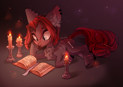 Size: 4093x2894 | Tagged: safe, artist:shore2020, oc, oc only, oc:rune hymn, earth pony, pony, big ears, book, candle, chest fluff, ear fluff, female, high res, lying down, mare, prone, solo