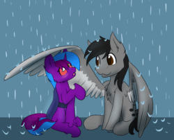 Size: 1500x1213 | Tagged: safe, artist:noxi1_48, oc, oc:cruxia, oc:love note, changeling, pegasus, pony, animated, blushing, changeling oc, duo, gif, pegasus oc, rain, wing shelter, wings