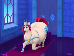 Size: 1280x960 | Tagged: safe, artist:soobel, princess amore, pony, unicorn, g4, belly, big belly, bowing, carpet, castle, crown, door, fat, female, jewelry, kneeling, large butt, mare, regalia, solo, window