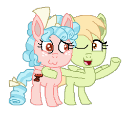 Size: 316x281 | Tagged: safe, artist:drypony198, cozy glow, oc, oc:elena, pegasus, pony, g4, cozybetes, cream heart's sister, cute, one eye closed, open mouth, simple background, transparent background