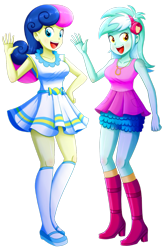 Size: 1115x1699 | Tagged: safe, artist:the-butch-x, edit, bon bon, lyra heartstrings, sweetie drops, equestria girls, g4, my little pony equestria girls: better together, :d, background human, breasts, busty bon bon, busty lyra heartstrings, duo, female, open mouth, open smile, simple background, smiling, transparent background, waving