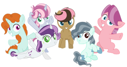 Size: 1280x675 | Tagged: safe, artist:wispyaxolotl, oc, oc only, oc:clover hoof, oc:curly fry, oc:emerald, oc:fizzy spark, oc:river runner, oc:skid, dracony, earth pony, hybrid, pony, unicorn, base used, blank flank, colt, female, filly, foal, interspecies offspring, male, next generation, offspring, parent:babs seed, parent:barley grind, parent:carrot crunch, parent:kettle corn, parent:lily longsocks, parent:petunia paleo, parent:pipsqueak, parent:rarity, parent:skedaddle, parent:snips, parent:spike, parent:twist, parents:babsgrind, parents:ketdaddle, parents:lilycrunch, parents:petuniasqueak, parents:snipstwist, parents:sparity, simple background, transparent background