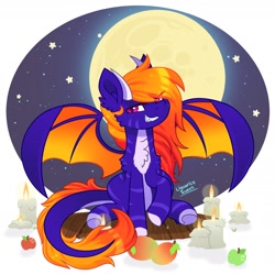 Size: 2200x2200 | Tagged: safe, artist:liquorice_sweet, oc, oc only, oc:violet flare, dracony, dragon, hybrid, pony, apple, bat wings, candle, commission, female, food, high res, mango, mare, moon, sitting, smiling, smirk, solo, stars, teeth, wings, ych result