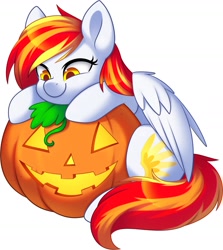 Size: 1637x1836 | Tagged: safe, artist:scarlet-spectrum, oc, oc only, oc:diamond sun, pegasus, pony, commission, female, grin, mare, pumpkin, simple background, sitting, smiling, solo, ych result