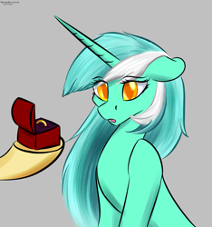 Size: 1983x2117 | Tagged: safe, artist:renarde-louve, bon bon, lyra heartstrings, sweetie drops, earth pony, pony, unicorn, g4, colored pupils, disembodied hoof, engagement ring, female, gray background, lesbian, mare, marriage proposal, offscreen character, ship:lyrabon, shipping, simple background, solo focus