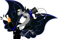 Size: 6494x4377 | Tagged: safe, artist:isaac_pony, oc, oc:lord fear, draconequus, antagonist, clothes, halloween, hat, holiday, horn, male, moon, nightmare, nightmare night, not discord, oc villain, photo, simple background, smiling, solo, transparent background, tuxedo, vector, villainess, wings