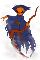 Size: 1080x1596 | Tagged: safe, artist:jvarts6112, oc, oc only, oc:aboral death, demon, ghost, undead, antagonist, black sclera, blood, creature, dark, halloween, holiday, hunter, nightmare, nightmare night, oc villain, pumpkin, red eyes, scythe, simple background, solo, transparent background, village, villainess, weapon