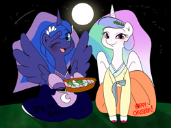 Size: 1024x768 | Tagged: safe, artist:haden-2375, princess celestia, princess luna, alicorn, pony, bowl, chuseok, clothes, costume, duo, female, food, full moon, halloween, halloween costume, hanbok, holiday, hoof hold, looking at you, mare, moon, night, one eye closed, open mouth, royal sisters, shooting star, sisters, sky, smiling, songpyeon, stars, wink