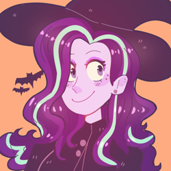 Size: 888x888 | Tagged: safe, artist:sephiia, starlight glimmer, bat, equestria girls, g4, bust, clothes, costume, cute, female, freckles, glimmerbetes, halloween, halloween costume, hat, holiday, orange background, simple background, smiling, solo, witch, witch hat