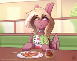 Size: 1699x1353 | Tagged: safe, artist:sugarlesspaints, oc, oc only, oc:copper crescendo, pegasus, pony, canada, choker, clothes, commissioner:pony stark, female, food, fruit, herbivore, implied anal, implied sex, maple syrup, mare, shirt, sitting, solo, syrup, this will end in anal, waffle