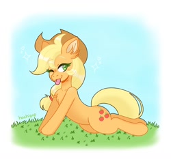 Size: 1200x1116 | Tagged: safe, artist:hachiipop, applejack, earth pony, pony, g4, :p, chest fluff, cute, ear fluff, female, jackabetes, lying down, mare, one eye closed, solo, tongue out, wink