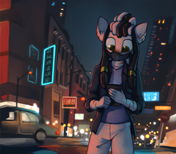 Size: 2243x1957 | Tagged: safe, artist:marsminer, oc, oc only, oc:zahk, zebra, anthro, car, city, downtown, dreadlocks, hair jewelry, hong kong, looking down, male, mask, multicolored hair, neon, phone, solo, zebra oc