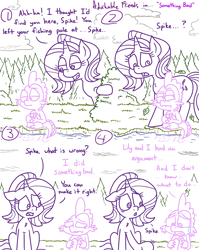 Size: 4779x6013 | Tagged: safe, artist:adorkabletwilightandfriends, lily, lily valley, spike, starlight glimmer, dragon, pony, unicorn, comic:adorkable twilight and friends, g4, adorkable, adorkable friends, argument, bush, cloud, comic, crying, cute, dating, dilemma, dork, forest, friendship, lake, love, nature, outdoors, overcast, reflection, relationship, relationships, sad, sitting, unsettled, upset, water