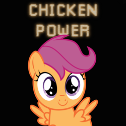 Size: 5000x5000 | Tagged: safe, derpibooru exclusive, scootaloo, pegasus, pony, g4, black background, chicken power, cute, cutealoo, error, glitch, scootachicken, simple background, solo, text