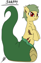 Size: 1200x1848 | Tagged: safe, artist:shappy the lamia, oc, oc only, oc:shappy, earth pony, hybrid, lamia, original species, pony, reptile, snake, snake pony, creature, cute, fangs, green, long tail, red eyes, scales, sexy, short hair, snake tail, solo, wild, yellow