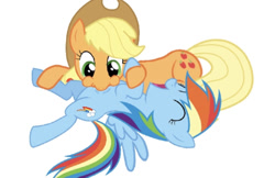 Size: 821x533 | Tagged: safe, artist:princessdestiny200i, applejack, rainbow dash, earth pony, pegasus, pony, g4, applejack's hat, cowboy hat, duo, female, hat, lying down, mare, on back, raspberry, simple background, tickle torture, tickling, tummy buzz, white background