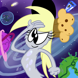 Size: 900x900 | Tagged: safe, artist:spongefox, derpy hooves, doctor whooves, time turner, alien, zbornak, g4, crossover, doctor who, earth, milky way galaxy, muffin hat, salute, shocked, shooting star, space, sylvia (wander over yonder), tardis, the doctor, wander (wander over yonder), wander over yonder