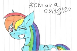 Size: 937x623 | Tagged: safe, artist:cmara, rainbow dash, pegasus, pony, g4, female, grin, lined paper, mare, one eye closed, simple background, smiling, solo, traditional art, white background, wink