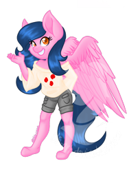 Size: 1080x1440 | Tagged: safe, artist:silentwolf-oficial, oc, oc only, pegasus, anthro, unguligrade anthro, clothes, eyelashes, grin, hoof feet, pegasus oc, shorts, simple background, smiling, solo, transparent background, watermark, wings