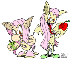 Size: 979x816 | Tagged: safe, artist:spongefox, fluttershy, bat pony, vampire, g4, apple, bat ponified, crossover, flutterbat, food, race swap, rayman, scary, simple background, solo, tongue out, transparent background, wander over yonder