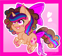 Size: 1080x979 | Tagged: safe, artist:silentwolf-oficial, oc, oc only, oc:sweet hearts, pony, unicorn, :d, bow, eyelashes, hair bow, horn, open mouth, signature, smiling, solo, speedpaint available, tail bow, unicorn oc, watermark
